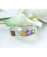 Multi Gemstone Princess Cut Sterling Ring Size 7 - $57.44 CAD