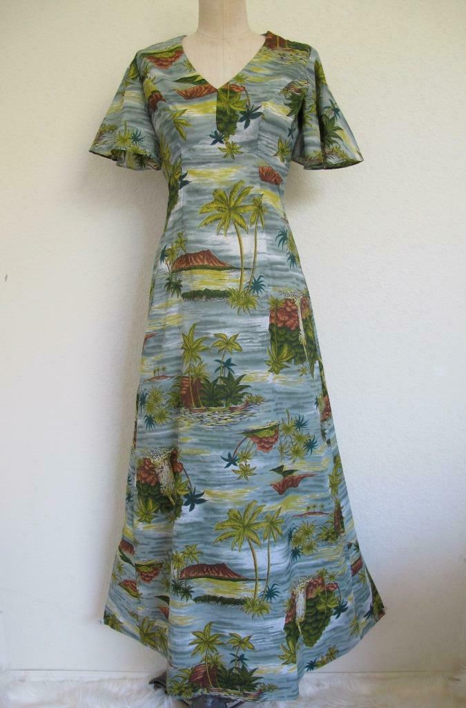 Vintage 70s Royal Hawaiian Maxi Dress XS Palm Trees Huts Ocean Flutter ...