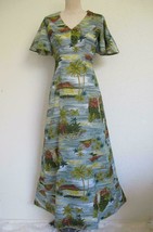 Vintage 70s Royal Hawaiian Maxi Dress XS Palm Trees Huts Ocean Flutter Sleeve - £32.16 GBP
