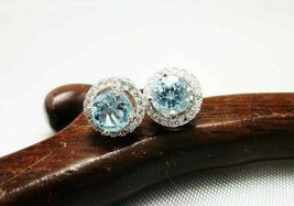 2.60Ct Round Cut Aquamarine Halo Push Back Stud Earrings 14K White Gold Finish - £121.67 GBP