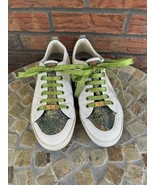 G By Guess White Leather Sneakers Size 9 GG Mallory Green Glitter Lace U... - $19.95