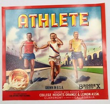 Vintage Original Athlete Olympics Sunkist Claremont CA Fruit Crate Label 11"x10" - $9.49
