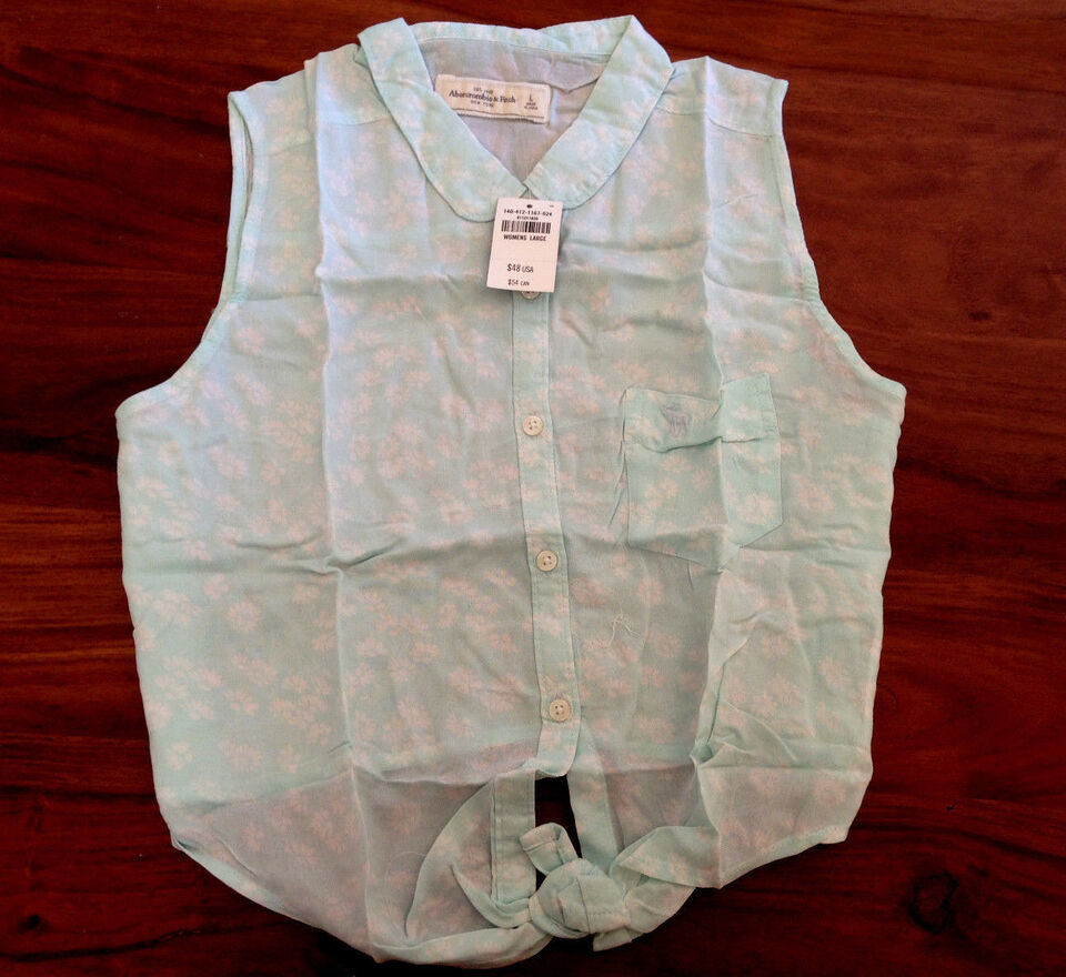 Primary image for New Abercrombie & Fitch Women Floral Turquoise Blue Bow Tie Crop Top Shirt L
