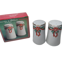 Vintage Poinsettia &amp; Ribbons China Salt and Pepper Shakers Porcelain Holiday BOX - £10.04 GBP