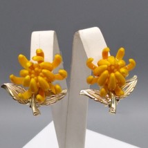 Vintage 3D Floral Enamel Earrings, Clip On Chrysanthemum Blooms, Yellow Flowers - £30.44 GBP