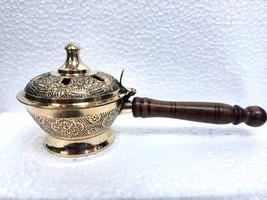 Brass Carved Charcoal Incense Burner With Wood Handle - £15.06 GBP