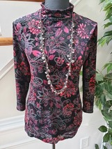 Chico&#39;s Womens Black Floral Polyester Long Sleeve High Neck Casual Blouse Size S - £17.56 GBP