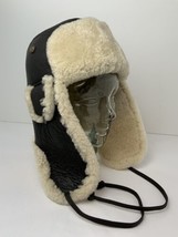 Vtg Paul Leinburd Aviator Trapper Hat Leather &amp; Real Shearling Mens L Crowncap - $167.31