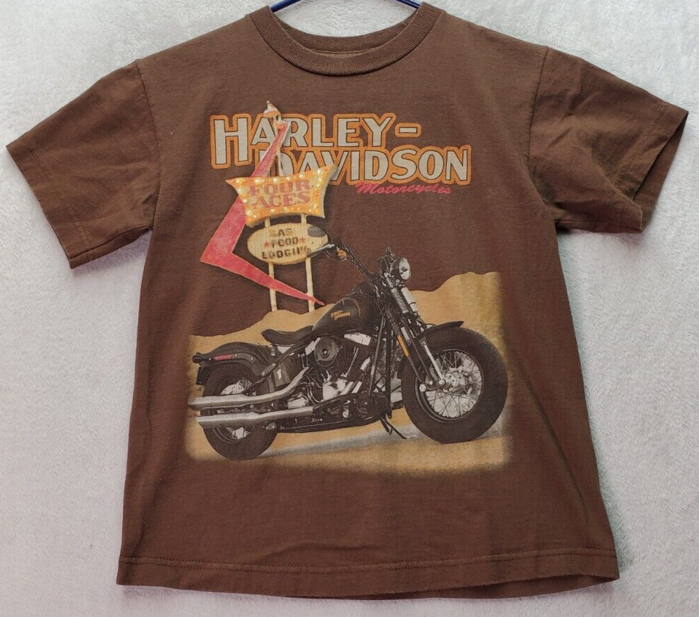 Primary image for Harley Davidson Tee Shirt Youth Medium Brown Graphic Print 100% Cotton Crew Neck
