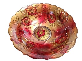 Antique Goofus Glass Red &amp; Gold WILD ROSE Floral 9&quot; Scalloped Bowl Early 1900s - £9.33 GBP