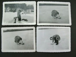 1948 B&amp;W 4 Photos Woman Skating on Hammond Pond Windsor Ice Unsafe Sign - $9.46