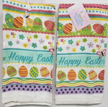 Set Of 2 Kitchen Terry Towels (15&quot;x25&quot;) Happy Easter, Spring Flowers &amp; Eggs, Am - £8.74 GBP