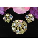WEISS Rhinestone EARRINGS &amp; BROOCH Vintage SET Pin Clip On Yellow AB Gol... - $65.58 CAD
