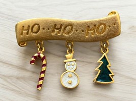 Gold Toned And Enamel Ho,Ho, Ho With Dangling Candy Cane, Tree Snowman Signed - £7.14 GBP