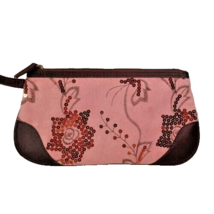 Avon Brown Pink Rosegold sequin Floral Makeup Clutch Wristlet Fall colors New - £11.99 GBP