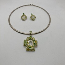 Vintage Cross Choker Necklace Pierced Earring Set Green Crystal Silver Tone - $19.80