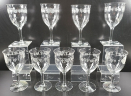 9 Cambridge Vintage Water Goblets Set Vintage Clear Etched Grapes Vines MCM Lot - £85.44 GBP