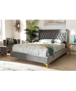 Carel Dark Gray Velvet Fabric Upholstered King Bed w/Gold-Finished Legs - $20,220.71 MXN