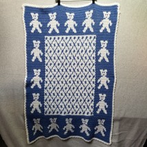 Vintage Handmade Throw Blanket Hand Crochet Knitted Afghan Blue White Teddy Bear - £23.26 GBP