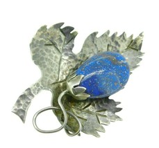 Arts and Crafts Hand Hammered Leaf Brooch with Genuine Natural Lapis (#J... - $292.05