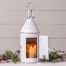 Punched Tin Metal Lantern 15-Inch Primitive Farmhouse Accent in Rustic White - £23.26 GBP