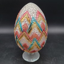 Large Hand Blown Frosted Satin Footed Easter Egg Hand Painted Glitter Chevron - £9.54 GBP