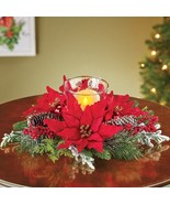 Christmas Poinsettia Glass Votive Hurricane Candle Holder Table Centerpiece - £15.54 GBP