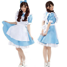 Women Girls Lolita Maid Waitress Costume Cosplay Blue Fancy Dress w Bow Hairband - £13.88 GBP