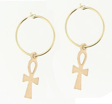 14k gold Tiny Egyptian Ankh Cross charm hoop earring ( PRICE FOR PAIR SIDE ) - £69.69 GBP
