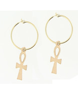 14k gold Tiny Egyptian Ankh Cross charm hoop earring ( PRICE FOR PAIR SI... - £66.71 GBP