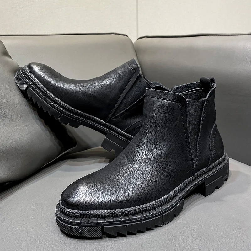 Korean style men&#39;s casual chelsea boots black leather shoes boy platform boot  s - £114.14 GBP