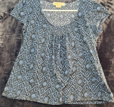 Michael Kors Blouse Top Women Size Large Blue Geo Print 100% Cotton Short Sleeve - £19.61 GBP