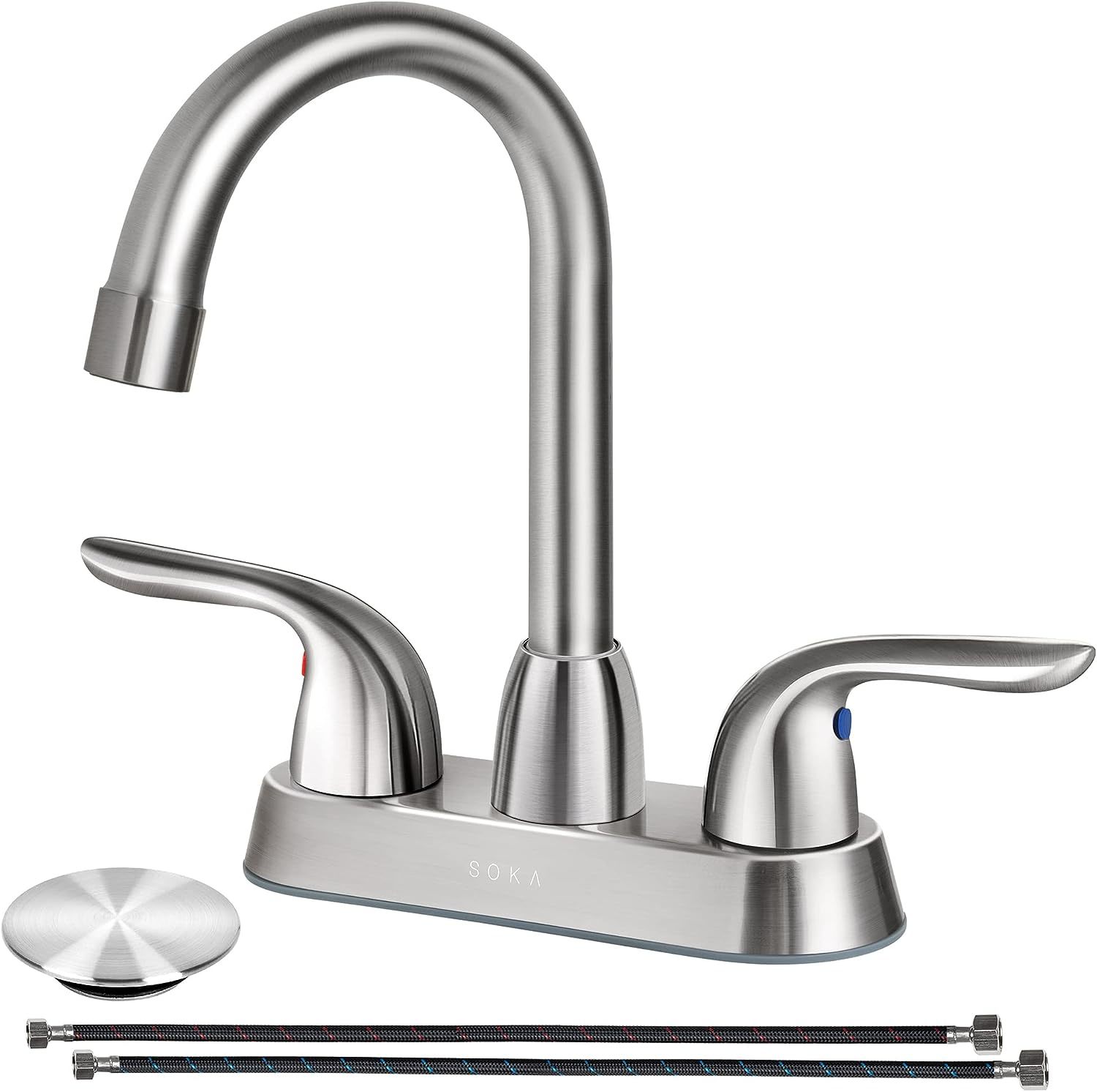 Primary image for Brushed Nickel Soka Centerset Bathroom Sink Faucet With Two Handles, High Arc,