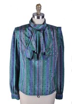 Vintage Nicola Blouse LS Ultra 1980s Jewel Tones Stripes  Poly Womens si... - $44.57