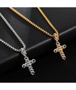 Cross Pendant Chain Necklace Cuban Link Rhinestone Pave Stainless Steel ... - $25.00