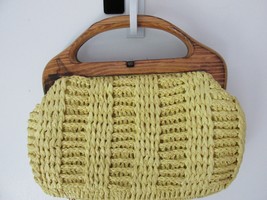 RAFFIA Straw Handbag Wood Handles Japan Yellow VINTAGE EUC! - $22.95