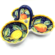 Italian Pottery Hand Painted Triple Sided Serving Bowl Fruit Blue Yellow VTG - £19.67 GBP