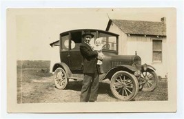 Man Holding Baby by Model T Ford Black and White Photo - £14.00 GBP