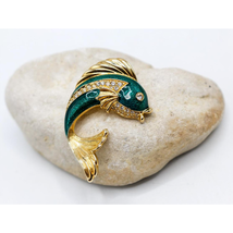 Park Lane Swarovski Crystal Fish Brooch Pin Teal Enamel Signed 2&quot; x 1&quot; Vintage - £29.62 GBP