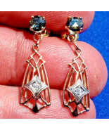 Sapphire Diamond Deco Earrings Gatsby era Vintage Filigree Dangles 14k Gold - $1,610.25