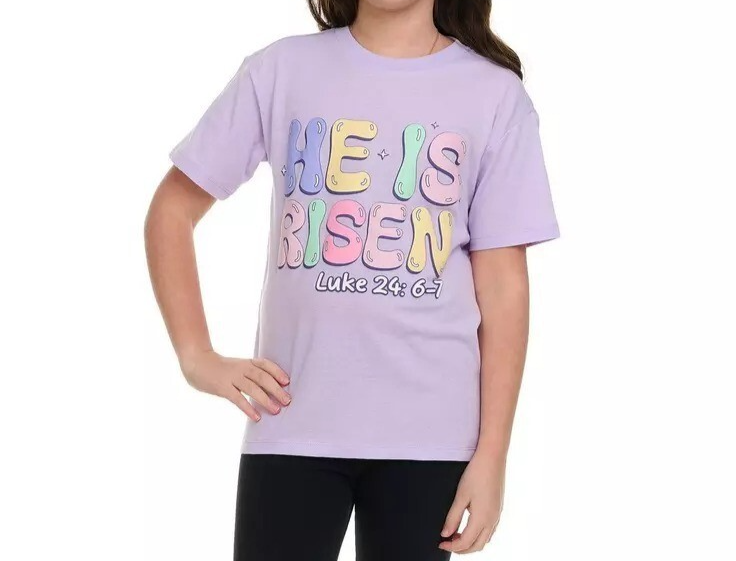 He Is Risen Luke 24:6-7 Youth Short Sleeve T-Shirt Purple Size X-Large - $19.79