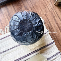 Handmade &amp; Hand-Stitched Moroccan Pouf, Genuine Leather Ottoman, Black Color - £64.09 GBP