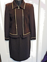 St John Collection Marie Gray Vintage Skirt Suit Brown sz2 Suede Gold Paillettes - £159.87 GBP