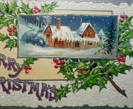 Christmas Postcard Embossed Snow Covered Country Home Crescent Moon Antique 1909 - £12.33 GBP