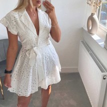 Shirt Dress Cutwork Embroidery White Summer Dress - £63.95 GBP
