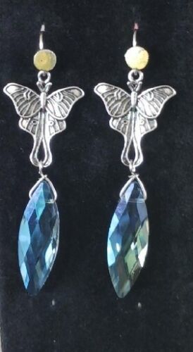 Vintage Luna Moth Blue Crystal Dangle Earrings, - $20.00