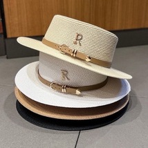 Vintage Flat Straw Hat with Belt, Summer Vacation Shade Hat, Women&#39;s Hats - £17.27 GBP