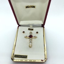 Vintage Brooch Earrings PSCO Austrian Crystal Rhinestone Red July Cross ... - £31.46 GBP