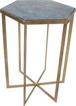 Accent Table LEO Antique Brass Shadow Blue Hand-Blown Glass Hand-Painted - £359.78 GBP