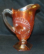 US GLASS Vtg Rising Sun Footed Water Pitcher Iridescent Marigold Carnival Glass - £52.35 GBP